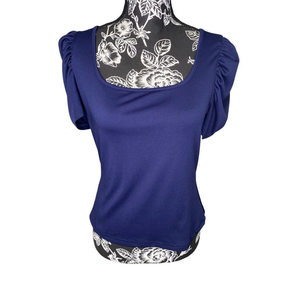 Shein Blue Ribbed Puff Sleeve Square Neck Stretch Knit Casual Blouse Top Tee